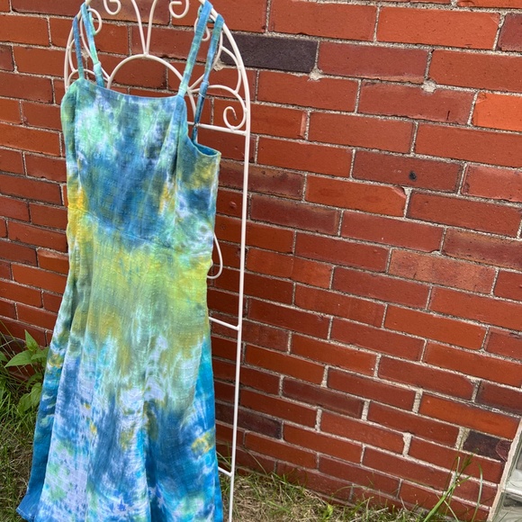 Free People sundress, tie dyed cotton in shades of blue, green and yellow - Picture 3 of 8
